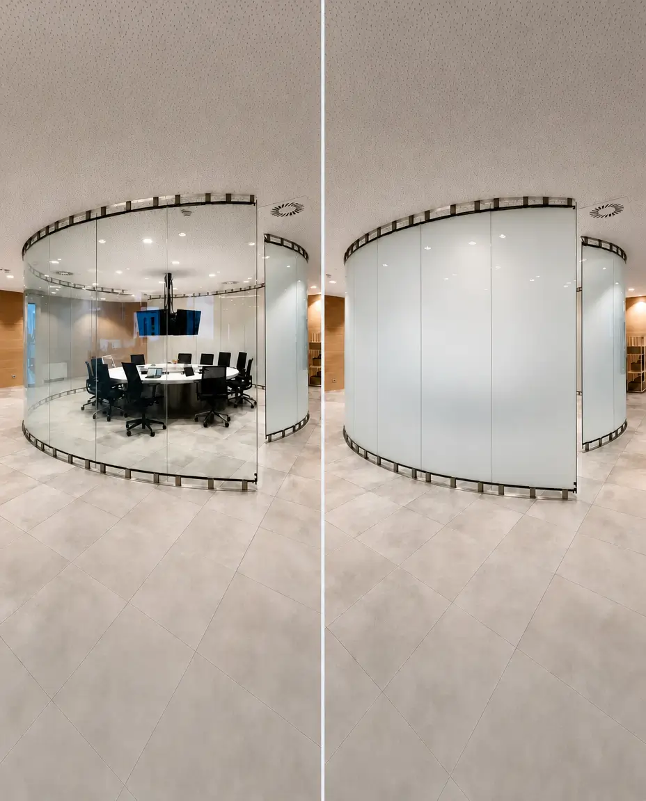 Sala riunioni con pareti curve in vetro intelligente SwitchFilm, confronto tra vetro trasparente e opacizzato per garantire privacy e design negli uffici moderni.