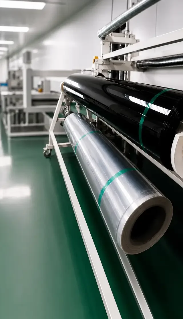 Bobine di pellicola intelligente SF98 Black SwitchFilm in ambiente produttivo, soluzione oscurante per vetri smart, privacy, controllo della luce e applicazioni architettoniche avanzate.