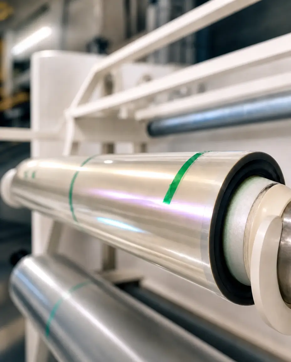 Bobina di pellicola intelligente EL SF97 White Essential Line SwitchFilm in lavorazione su una linea di produzione di film PDLC