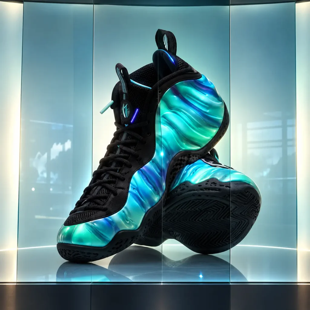 Esposizione di sneaker su superficie vetrata trasparente con illuminazione scenografica, soluzione per showroom, vetrine digitali e comunicazione visiva ad alta tecnologia.
