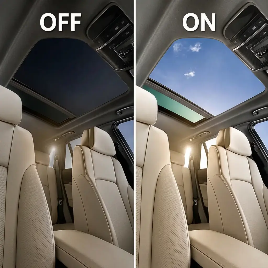 Tetto panoramico auto a trasparenza variabile: confronto tra stato oscurato e stato aperto.