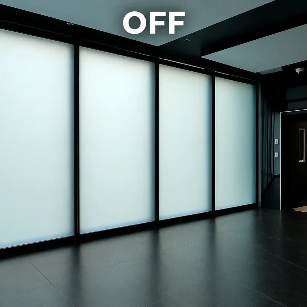 Ampie vetrate intelligenti in modalità opaca all’interno di un ambiente professionale moderno, soluzione per privacy, separazione degli spazi e controllo della visibilità.