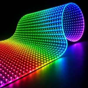 Display LED flessibile RGB con micro LED multicolore disposto su superficie curva, ideale per installazioni digitali, retail, eventi e comunicazione visiva ad alto impatto.