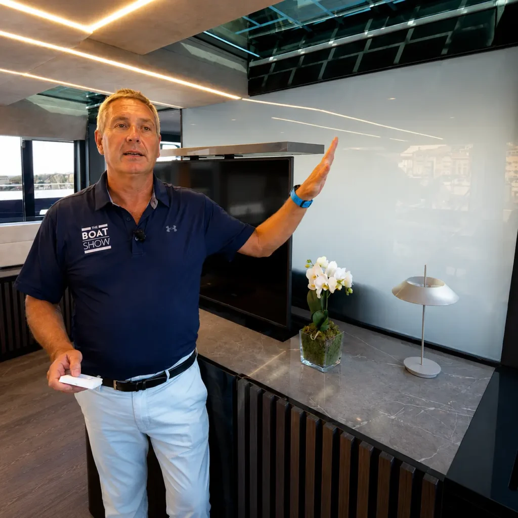 Vetrata intelligente installata all’interno di uno yacht per aumentare privacy, comfort e controllo della trasparenza.