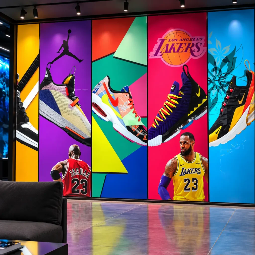Parete digitale colorata in showroom con grafiche sportive, sneakers e contenuti visivi ad alto impatto, ideale per retail, comunicazione digitale e allestimenti immersivi.