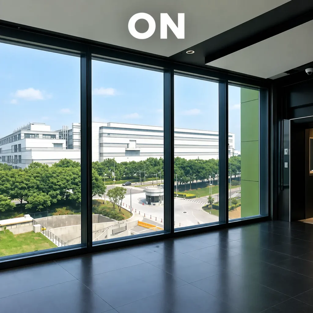 Ampie vetrate intelligenti in modalità trasparente con vista su edifici e area verde esterna, soluzione per luminosità, apertura visiva e gestione flessibile della privacy.