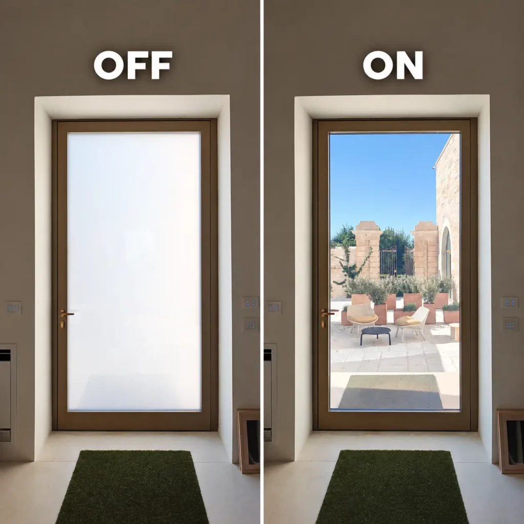 Confronto visivo di porta moderna con vetro privacy intelligente in modalità OFF opaca e ON trasparente, soluzione ideale per schermatura, luminosità e visibilità controllata in ambienti contemporanei.