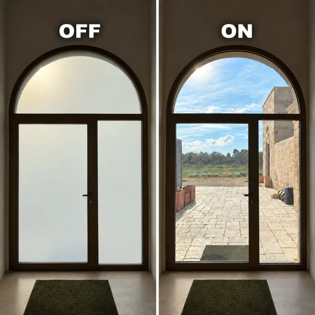 Confronto vetro smart per porta ad arco con modalità OFF opaca e modalità ON trasparente, ideale per privacy, controllo della luce e gestione dinamica della visibilità in ambienti residenziali.