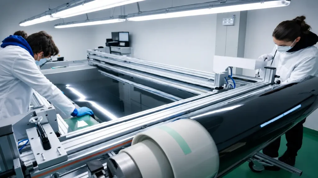 Due tecnici in camice e mascherina alla linea di laminazione del film PDLC SwitchFilm, con una bobina di pellicola intelligente in primo piano
