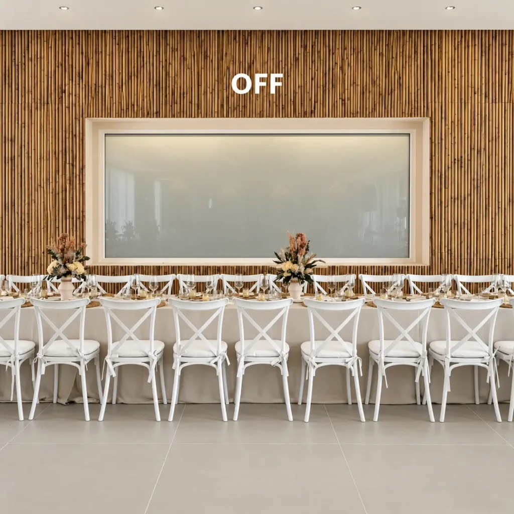 Sala ristorante elegante con grande vetrata intelligente in modalità opaca, ideale per privacy, separazione degli ambienti e gestione della visibilità nel settore hospitality.
