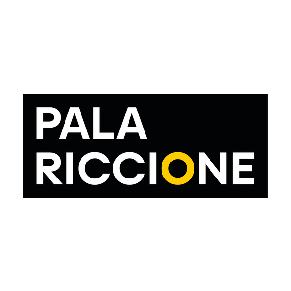 Logo PalaRiccione bianco su fondo nero con la lettera O gialla