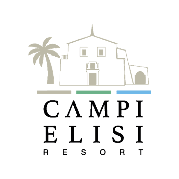 Logo Campi Elisi Resort con edificio, palma e dettaglio tricolore