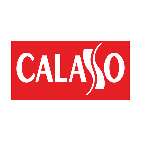 Logo Vetreria Calasso con scritta bianca su fondo rosso