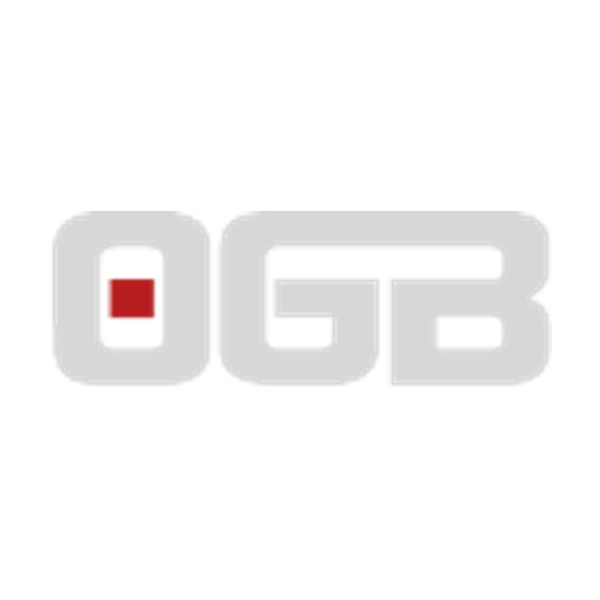 Logo OGB con lettere grigie e dettaglio quadrato rosso